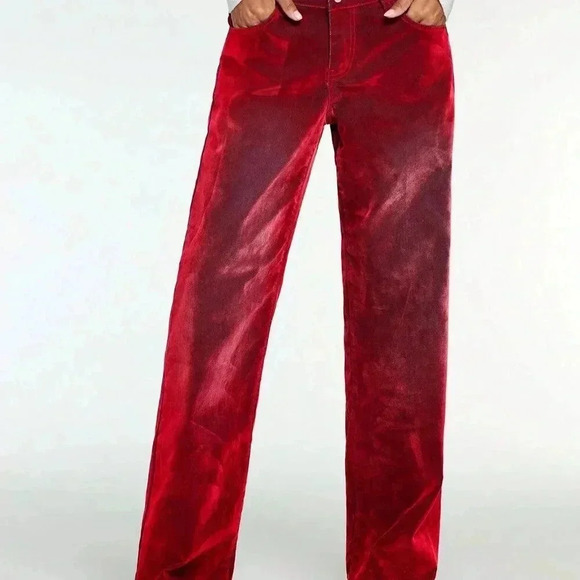 Red Casual Women's Fleeced Thick Loose High Waist Wide Leg Jeans - Picture 4 of 6